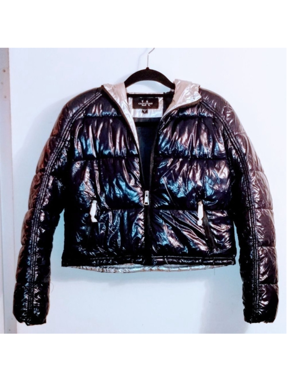 New Navy Blue & Silver Vegan Puffer Jacket Quilted LA Coalition-NWT - Picture 4 of 13